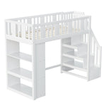 Loft Bed, 90x200cm with Storage Stairs, Functional Wooden Bed, White