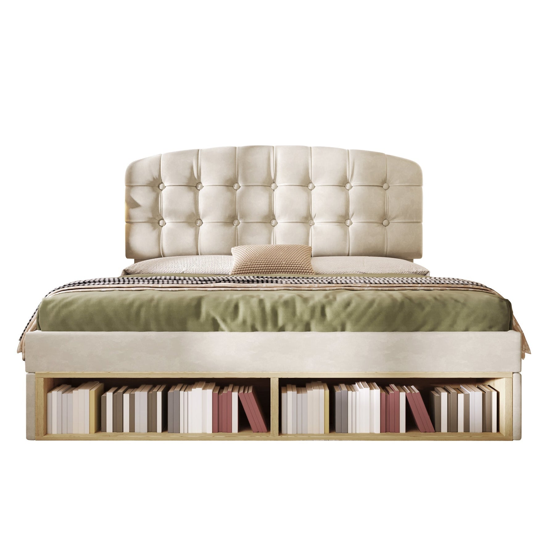 Double Bed with Storage Drawers and Adjustable Headboard, 140x190cm, Beige Velvet