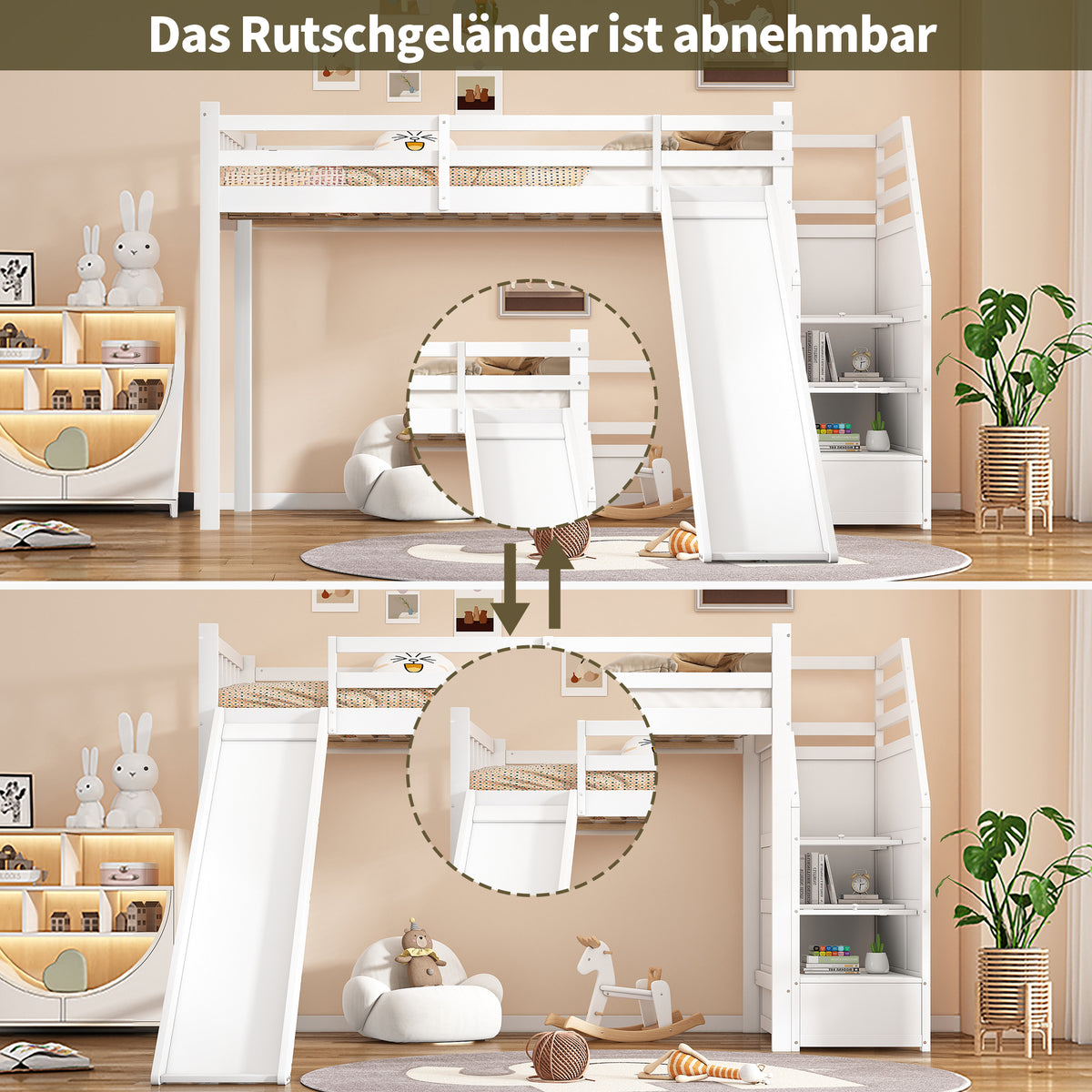 Children's Bunk Bed 90x200cm with Slide & Storage Ladder, White