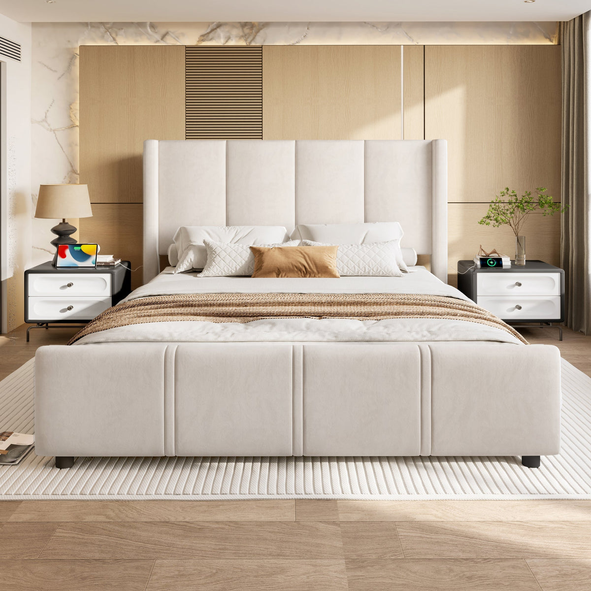 Upholstered Bed Frame, Modern with USB Port, Iron & Wood, Beige