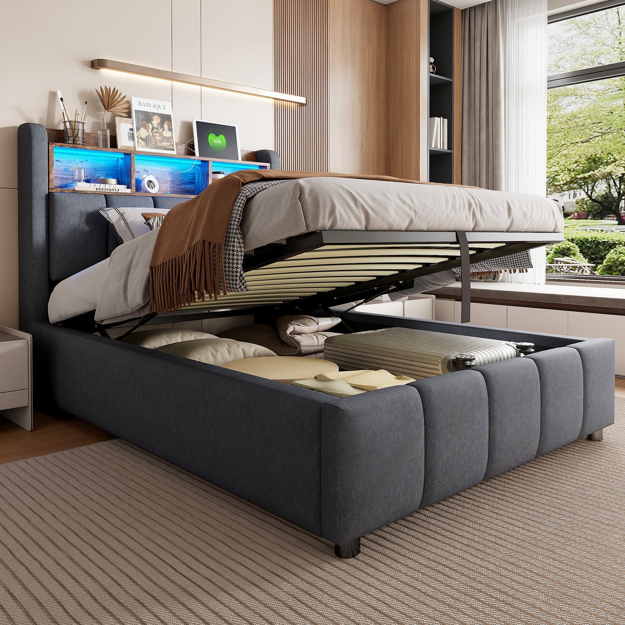 Upholstered Bed 90x200cm LED/USB Headboard Storage Hydraulic Single Linen Grey
