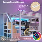 Loft Bed 140x200cm with Desk, Storage & LED, White Iron Frame