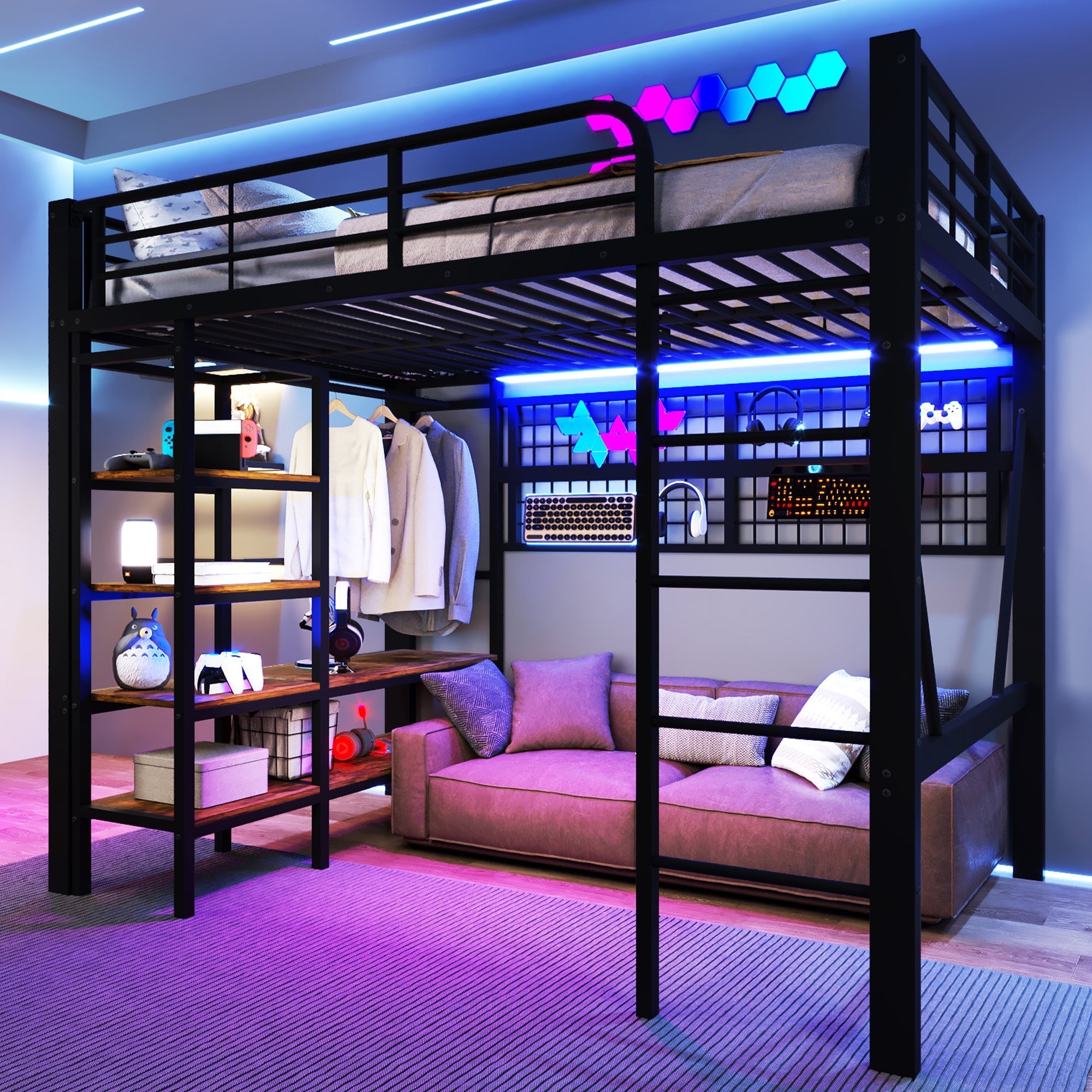 Loft Bed with Storage, Net, Clothes Rail and LED Light Strip, Iron Frame, Black