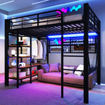 Loft Bed with Storage, Net, Clothes Rail and LED Light Strip, Iron Frame, Black