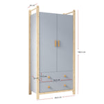 Double-Door Wardrobe Combination Set with Clothes Rail and Drawers, Spruce Wood, Blue/Natural Wood, 180cm