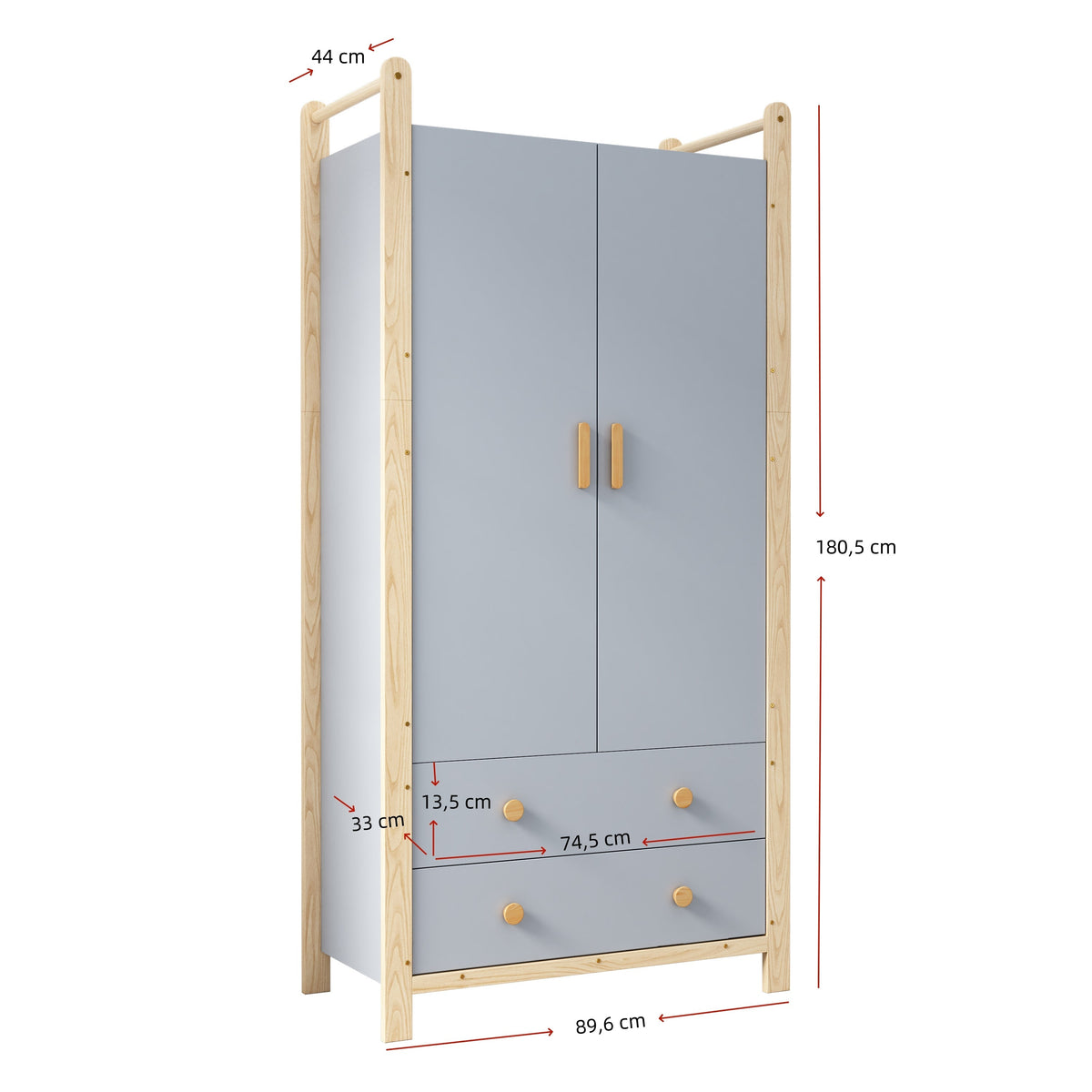 Double-Door Wardrobe Combination Set with Clothes Rail and Drawers, Spruce Wood, Blue/Natural Wood, 180cm
