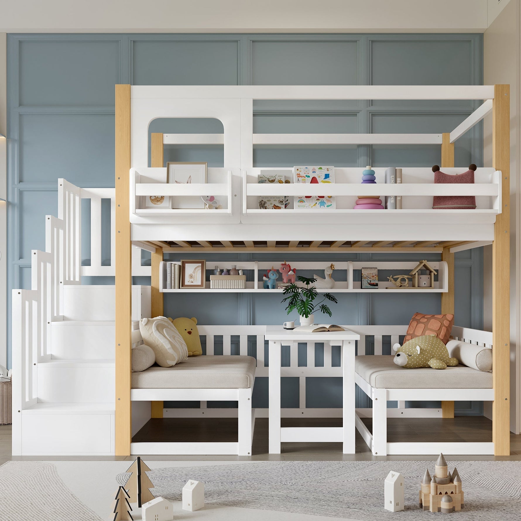 Bunk Bed with Adjustable Table, Bookshelf and Storage Stairs, 90x200cm, White and Natural Pine + MDF