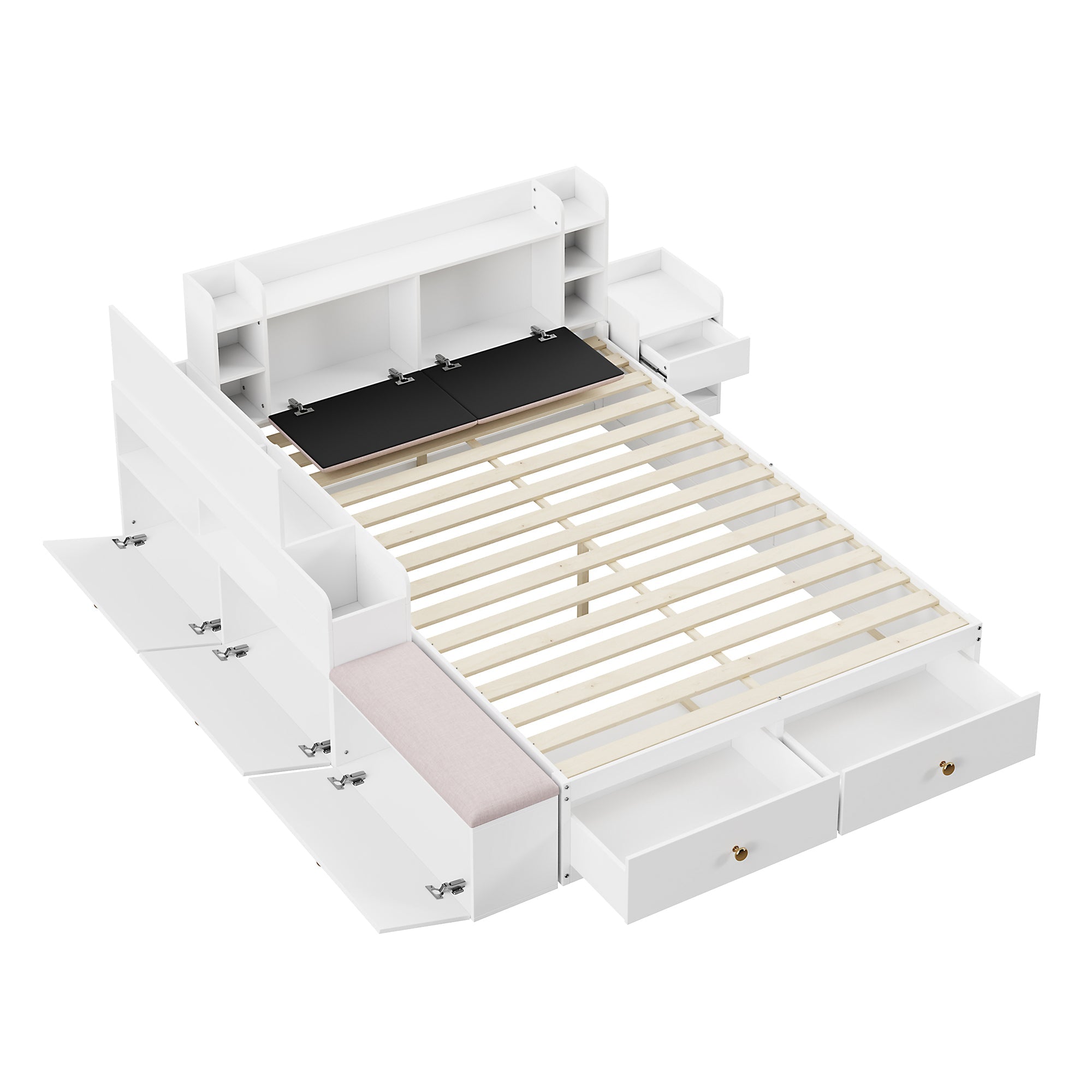 Solid Wood Combination Bed 140x200cm, Storage Headboard, Drawers, Bedside Table, White