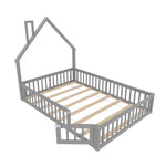 Children's Upholstered Bed with Chimney Shape and Slatted Base, 140x190cm, Grey Pine Wood