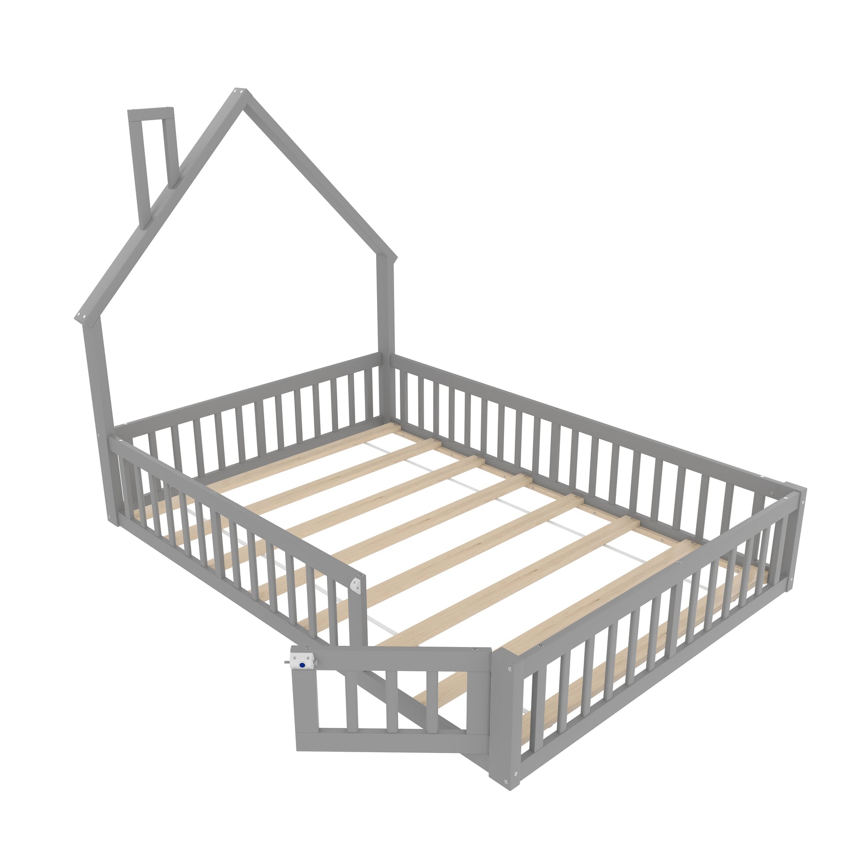 Children's Upholstered Bed with Chimney Shape and Slatted Base, 140x190cm, Grey Pine Wood