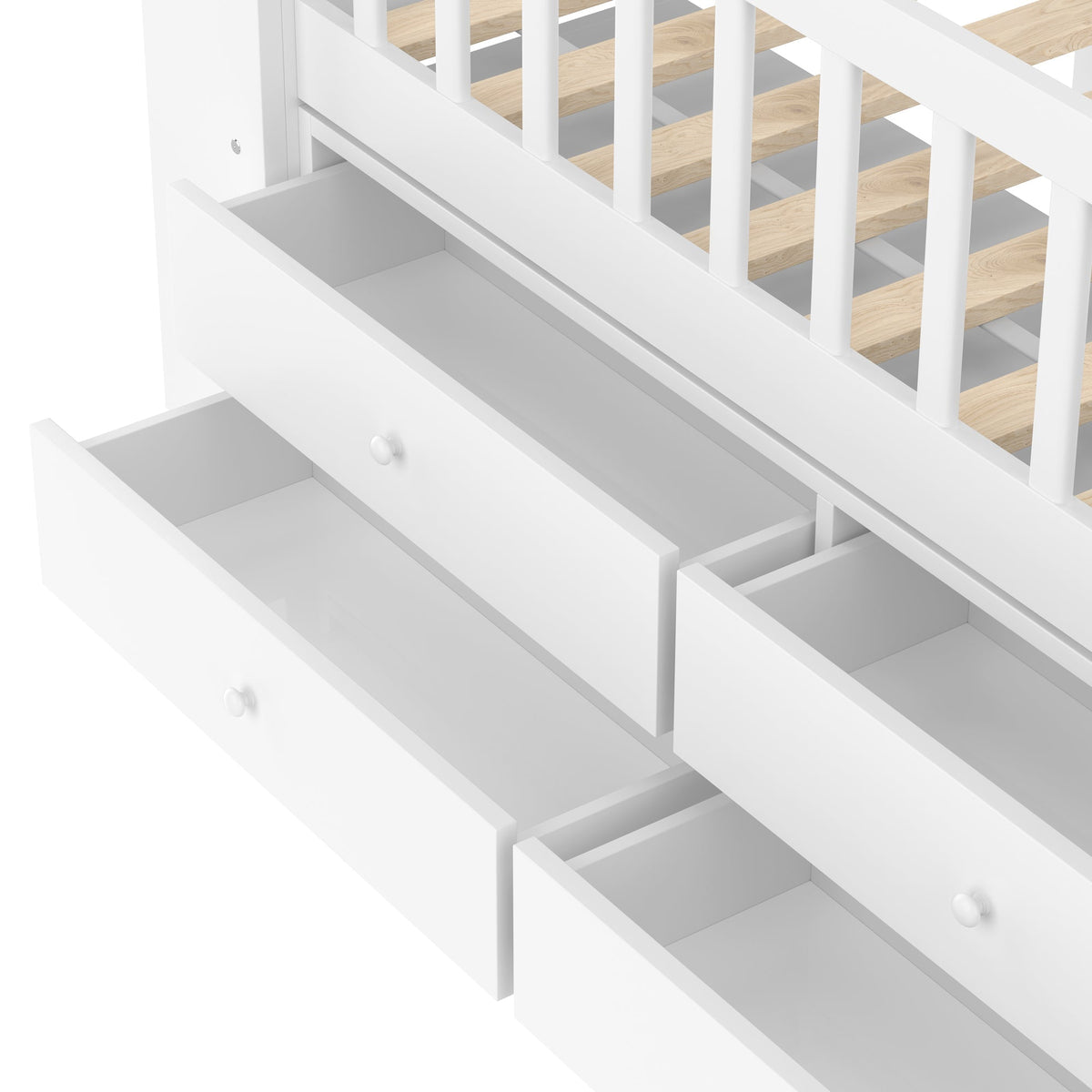 Mid-Height House Bed with Window, 4 Drawers and LED Light Strip, White