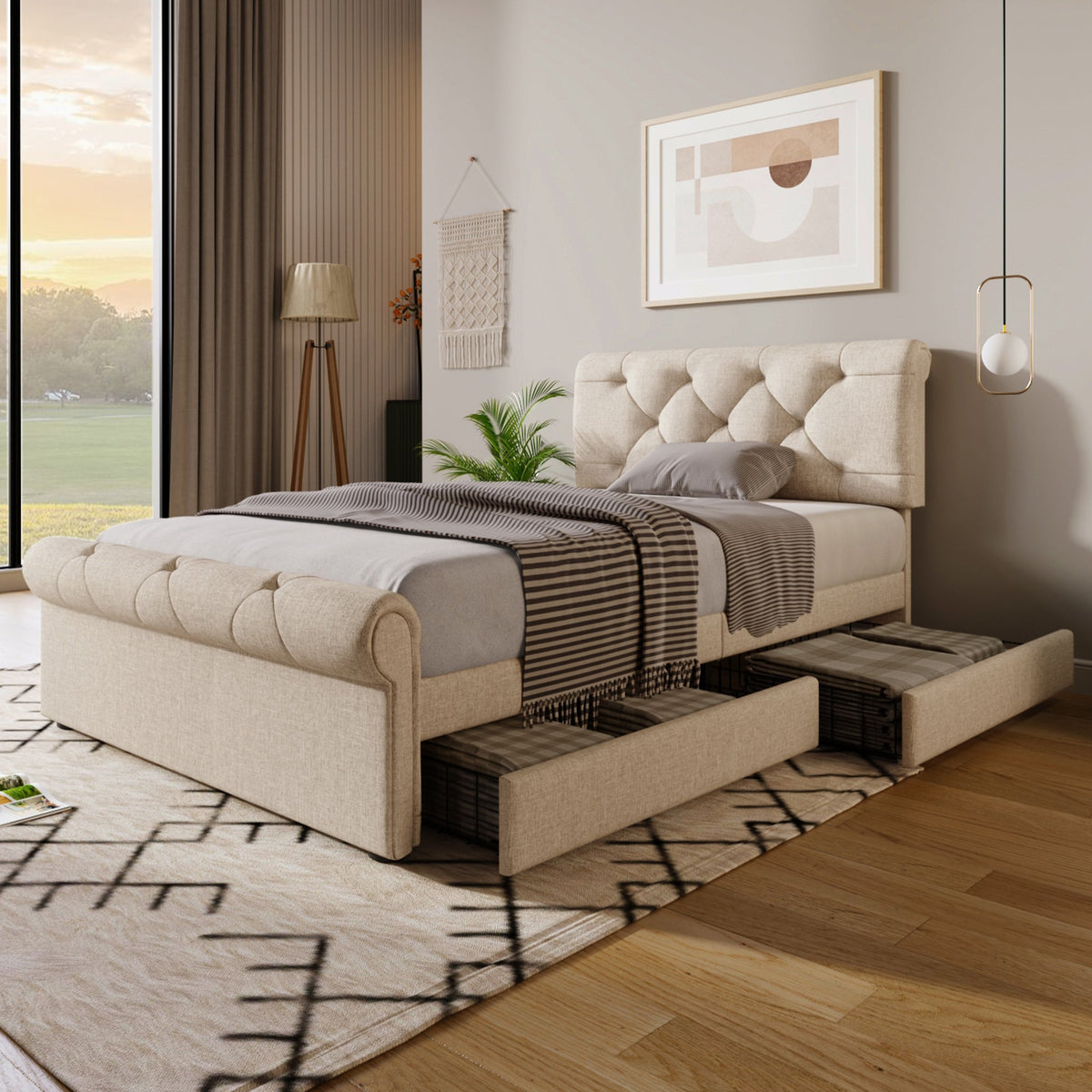 Single Upholstered Bed, 90x200cm with 2 Drawers, Adjustable Headboard, Natural