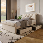 Single Upholstered Bed, 90x200cm, 2 Drawers, Adjustable Headboard, Chesterfield, Natural