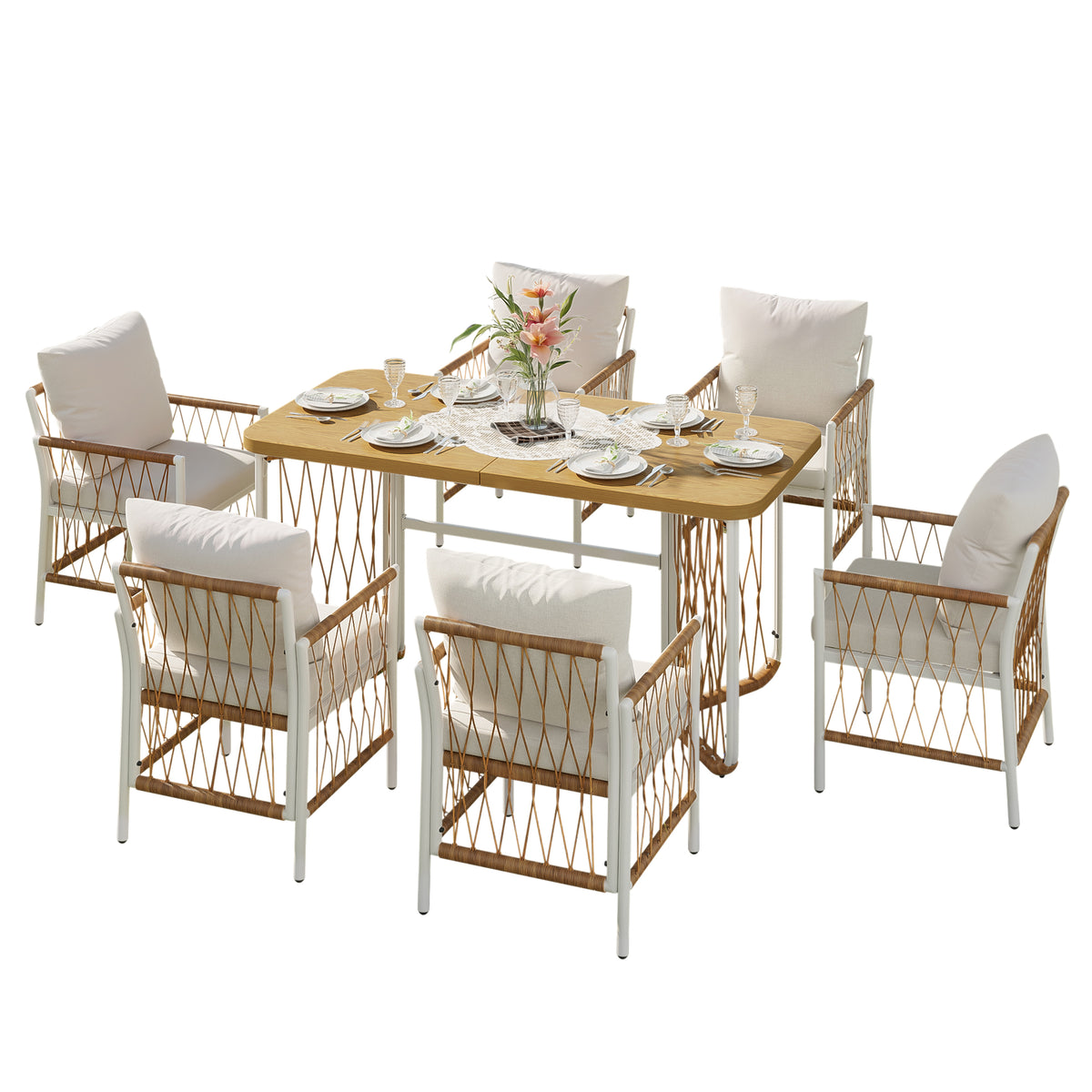 Modern Outdoor Patio Set with Cushions & Woven Armrests, Iron
