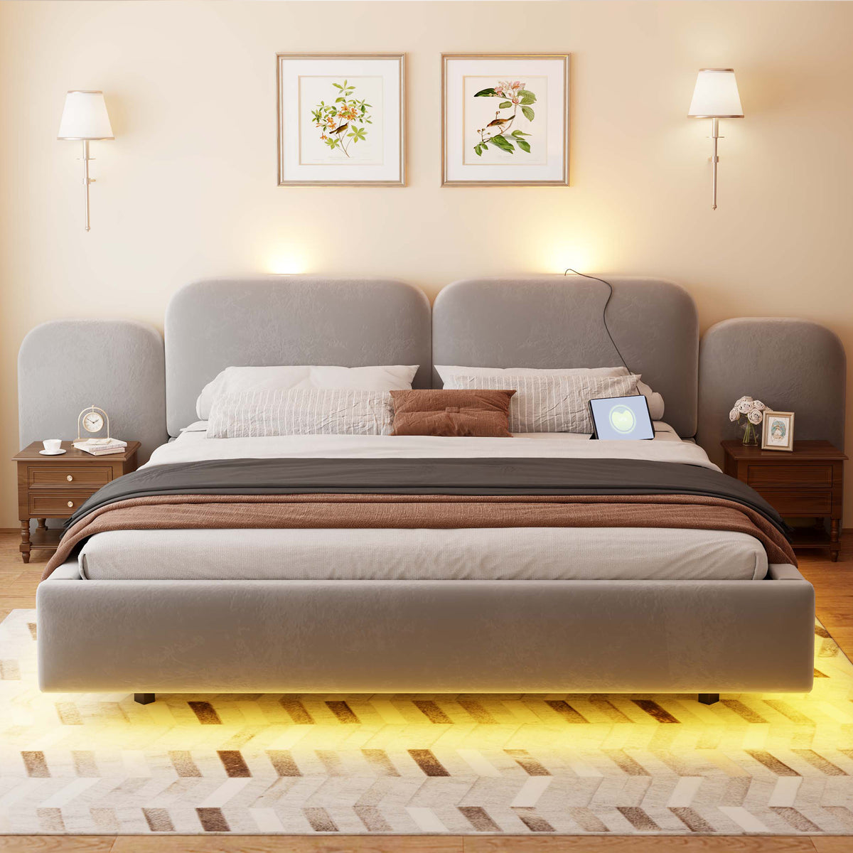Upholstered Bed 180x200cm with Storage & LED, Grey Velvet