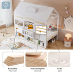 Loft Bed with House-Shaped Design, Bookshelf and Slatted Base, 90x200cm, White Pine + MDF