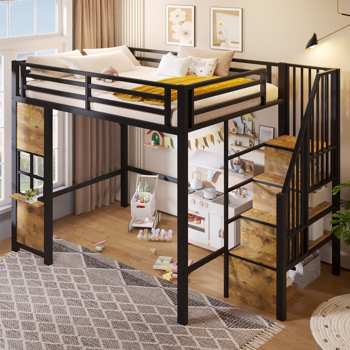 Loft Bed 140x200 cm with Storage Ladder, Black Iron Frame