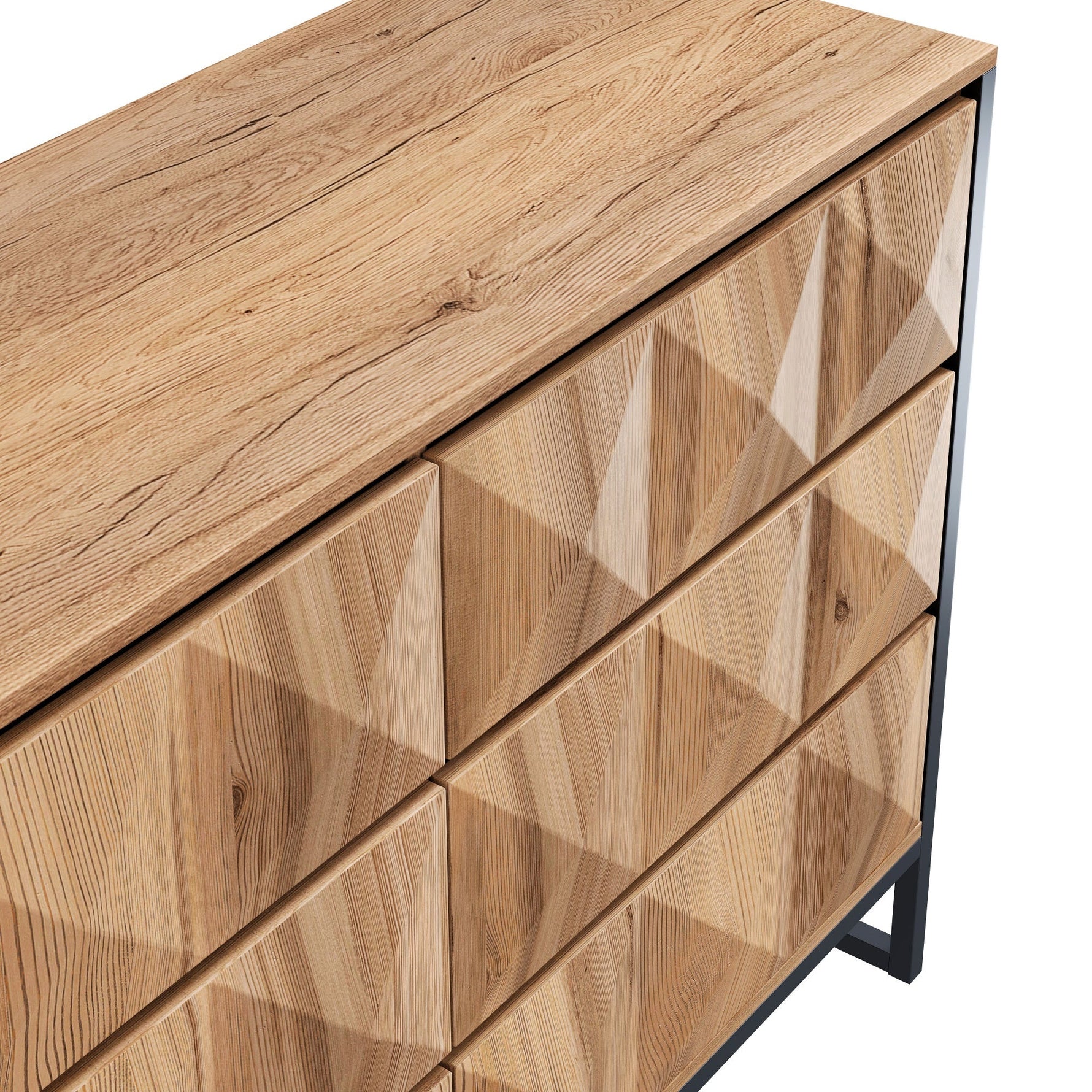 Sideboard & Chest of Drawers, Metal Legs, Raised Doors, Black and Natural Wood