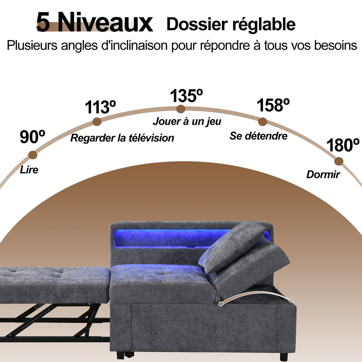 Upholstered Sleeper Sofa 3-in-1 Multifunctional Adjustable LED USB Ports Linen Fabric