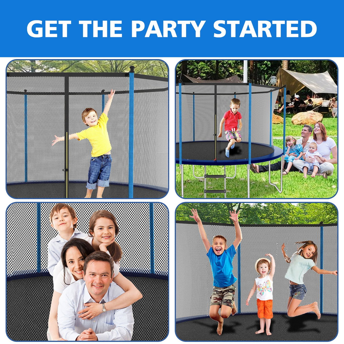 Trampoline 8-12FT Adjustable, Safety Enclosure Net & Spring Pad, Heavy-Duty Galvanized Steel Frame, 400lbs Capacity, Blue