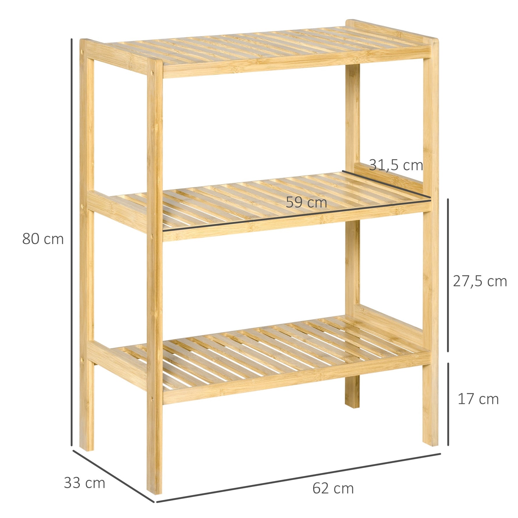 Bathroom Shelf, 3 Levels Standing Kitchen, Natural Bamboo