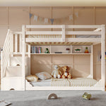 Bunk Bed 90x200cm with Staircase Storage & Safety Railing - White Wood