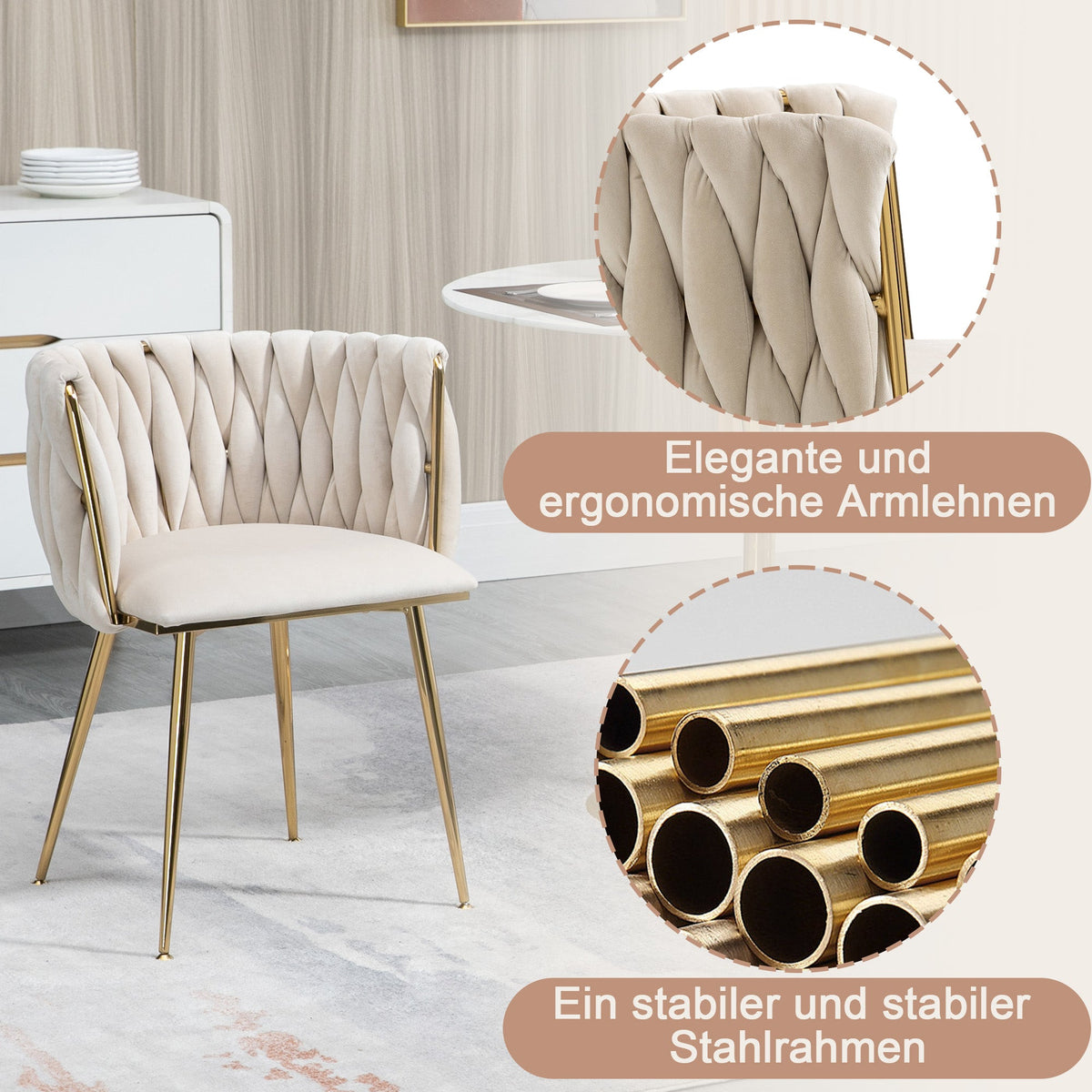 Velvet Dining Chair Set, Luxurious Modern with Gold Metal Legs, (Set of 2)