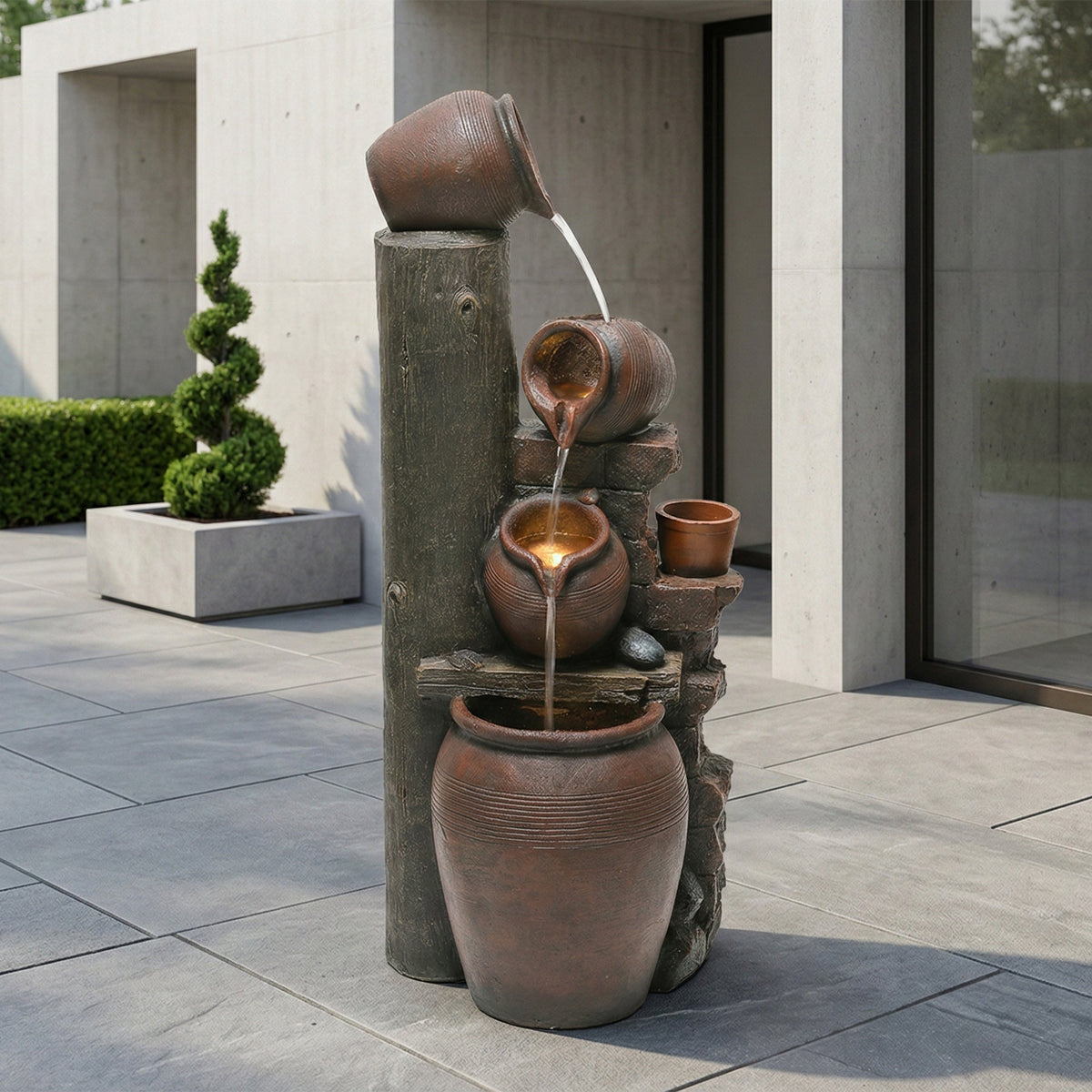 Garden Fountain with LED Lighting, Water Pump and Decorative Basin, Brown Artificial Stone