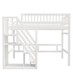 Solid Wood Bed, 140x200 with Stairs & Storage, High Railing, White