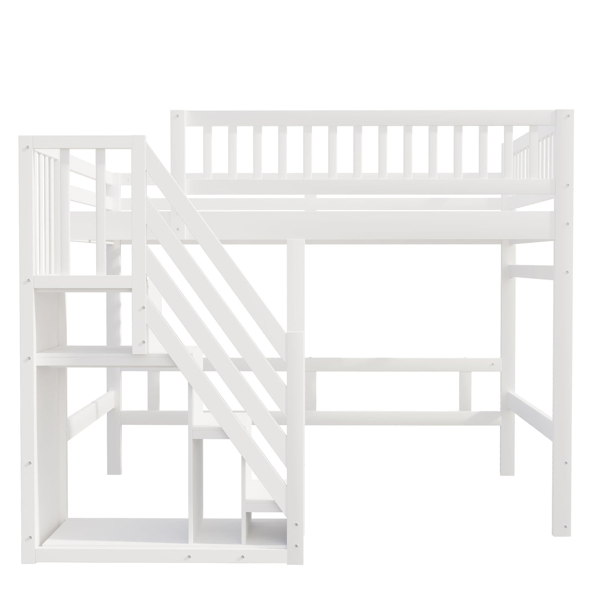 Solid Wood Bed, 140x200 with Stairs & Storage, High Railing, White