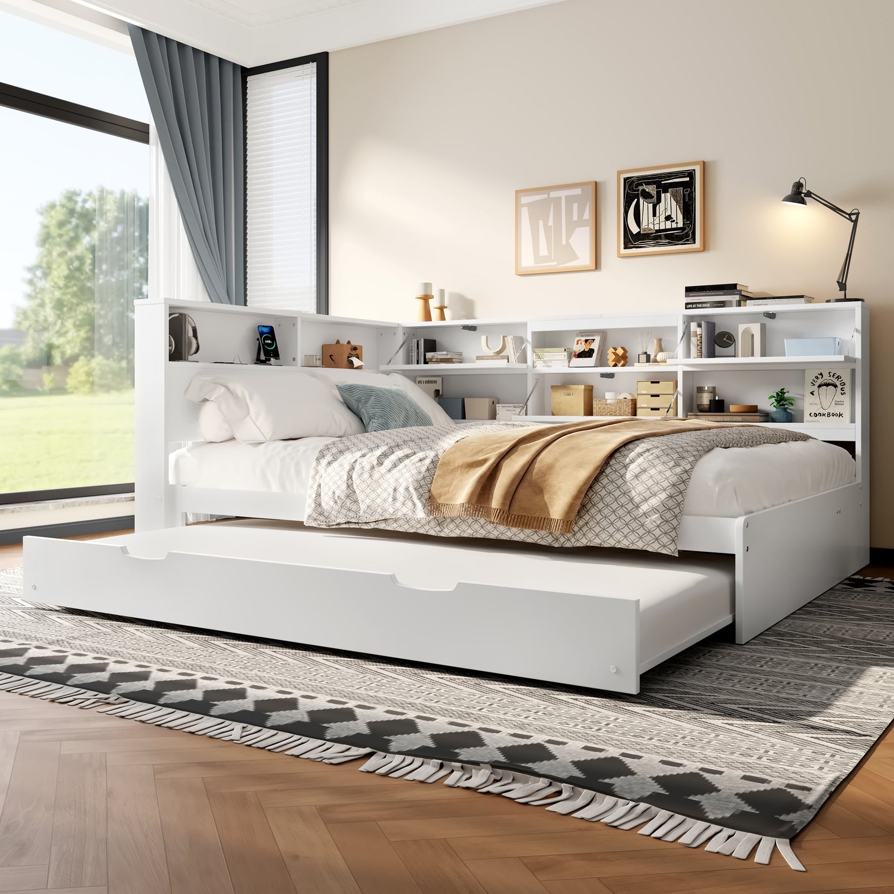 Daybed Sofa Bed with Storage Headboard and Extendable Trundle, 140x200cm, White