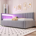Upholstered Sofa Bed 90x200 with LED Lighting & Hydraulic Storage, Light Grey Velvet