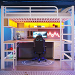 Loft Bed 140x200cm Gaming Desk Wardrobe Bookshelf USB LED Metal White