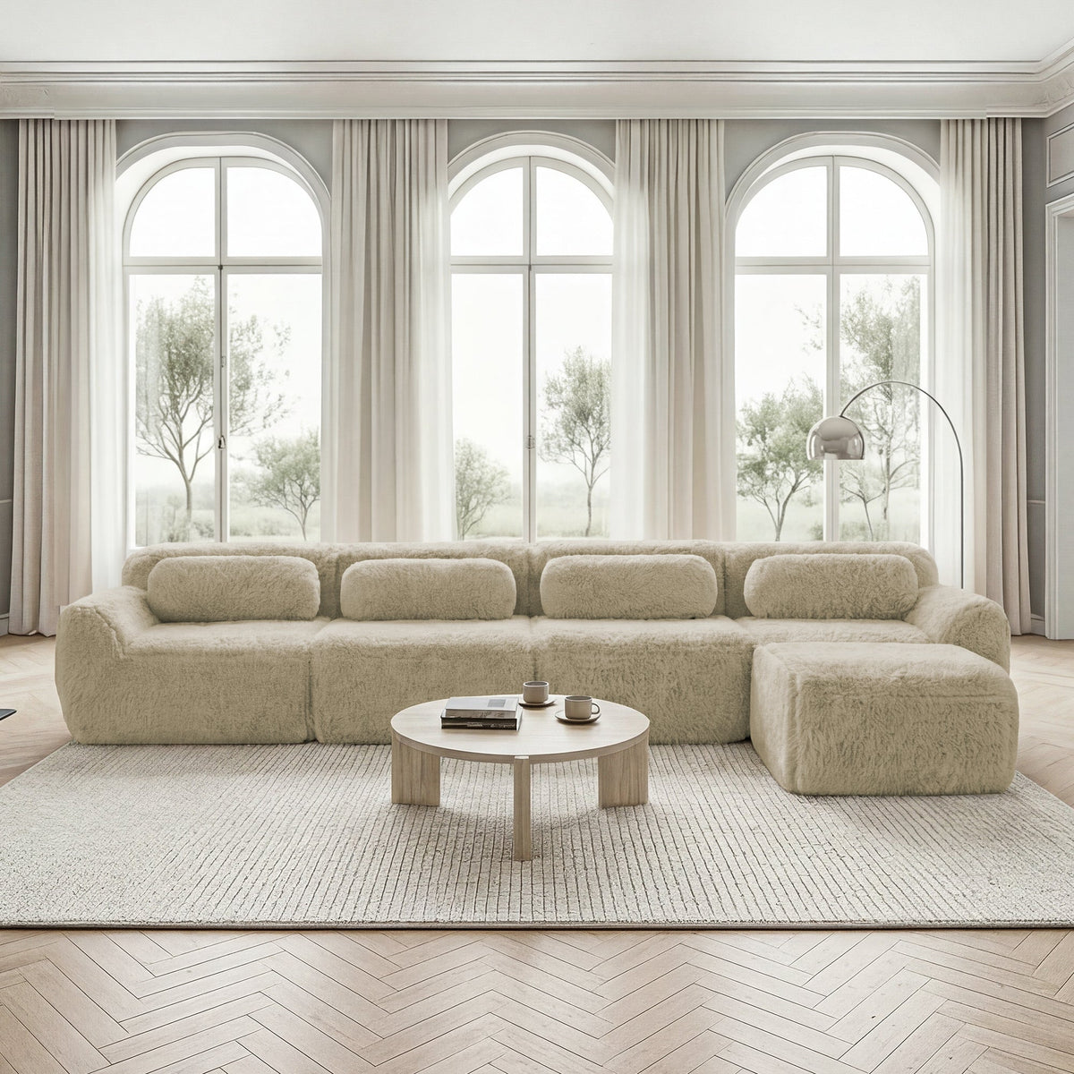 4-Seater L-Shaped Sofa Modular Chaise Plush Fabric - Light Khaki