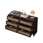 Rattan Cabinet, 130CM Arc Shaped Corner 6-Drawer Storage, Reddish-brown