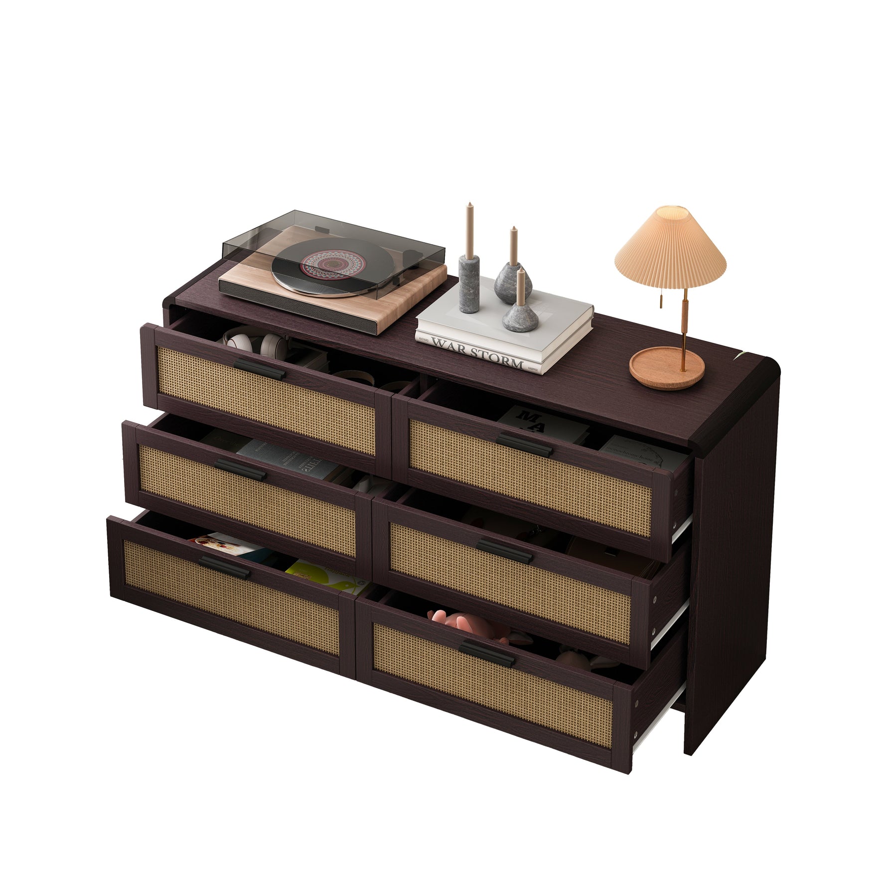 Rattan Cabinet, 130CM Arc Shaped Corner 6-Drawer Storage, Reddish-brown