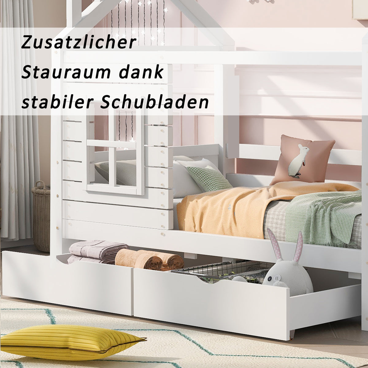 House Bed 90x200 with Fall Protection & Window, Solid Wood White