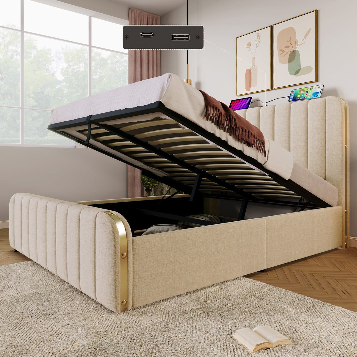 Upholstered Bed, Double Headboard with USB-C Charging, Hydraulic Storage, Beige Linen