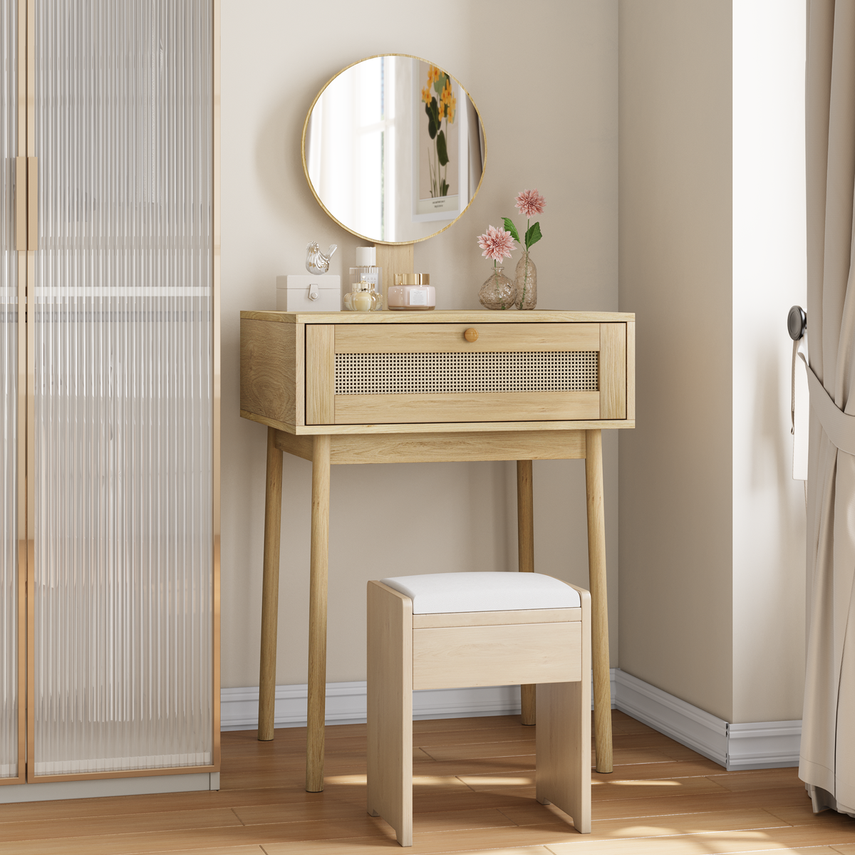 Compact Dressing Table with Mirror for Small Rooms, Rattan