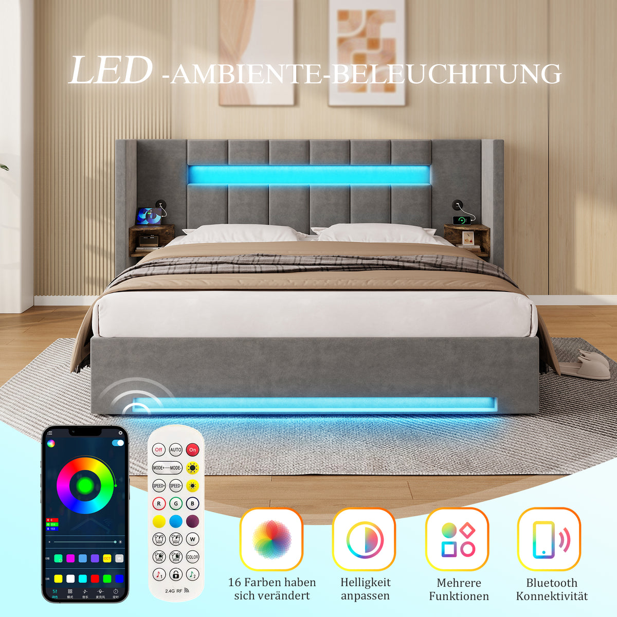 Multifunctional Bed Frame 180x200cm with Storage & LED, Velvet