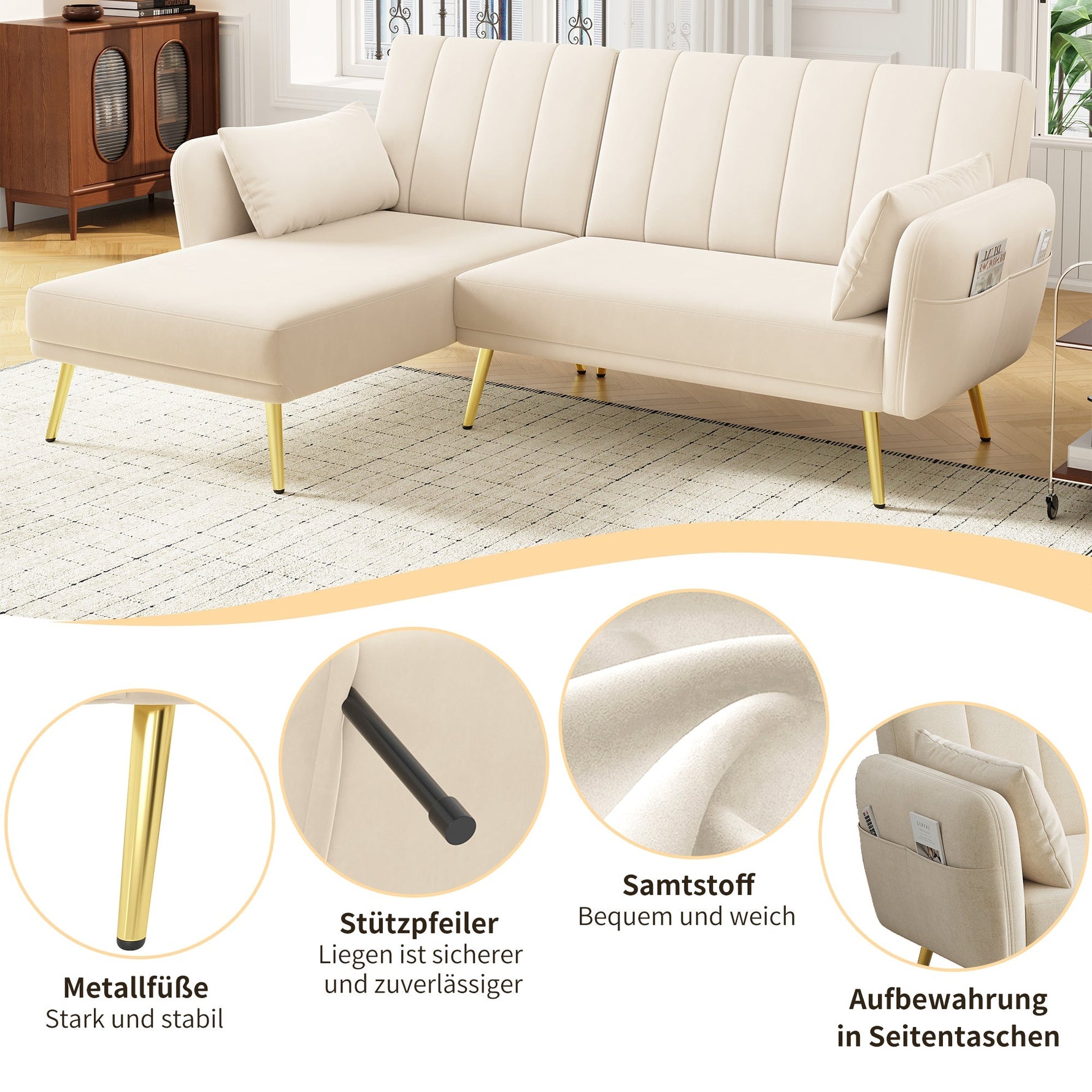 Sofa, Modern Folding L-Shaped Sofa Bed, Corner, with Sleeping Function