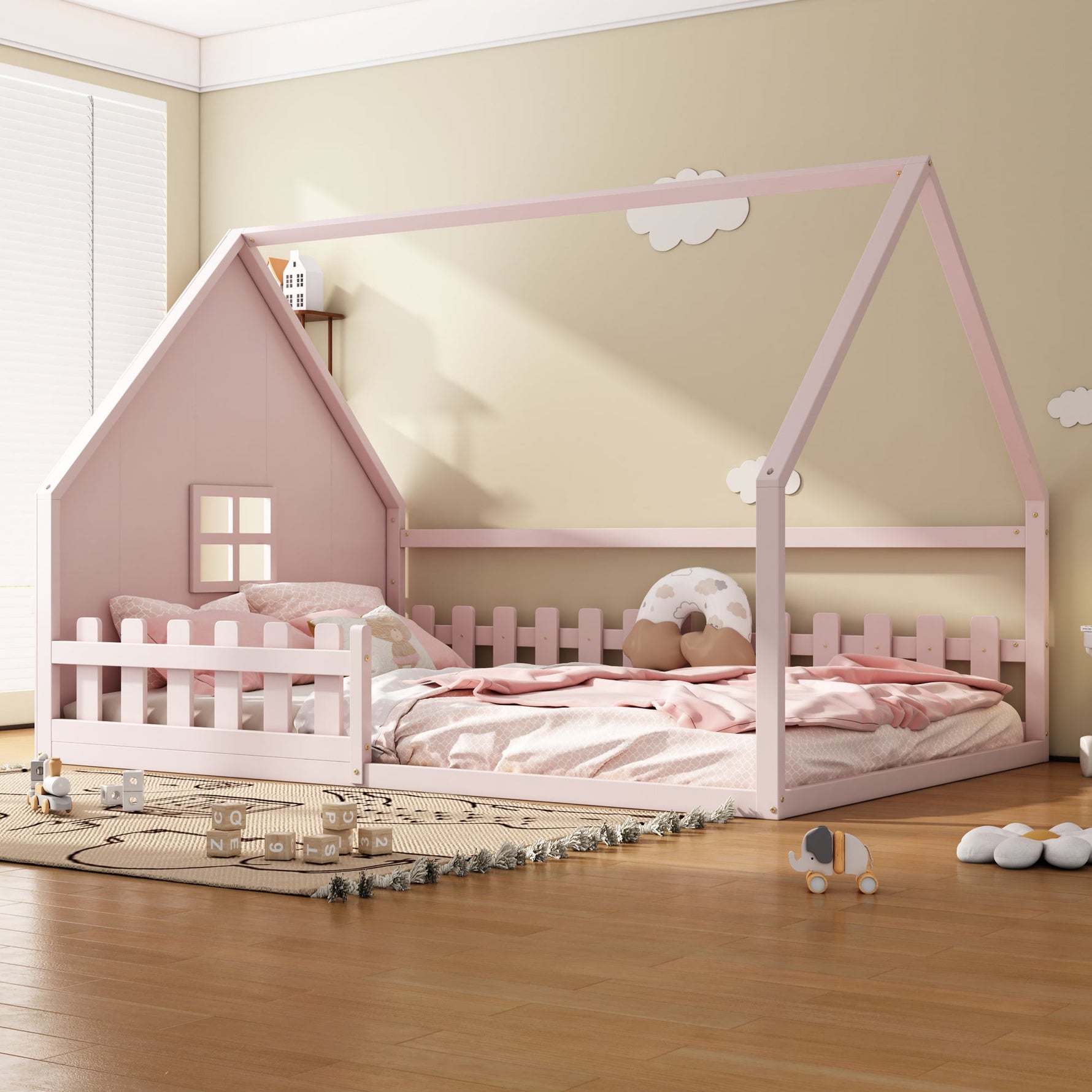 Flatbed Children's Bed 140x200cm House Rail - Pine Wood Pink