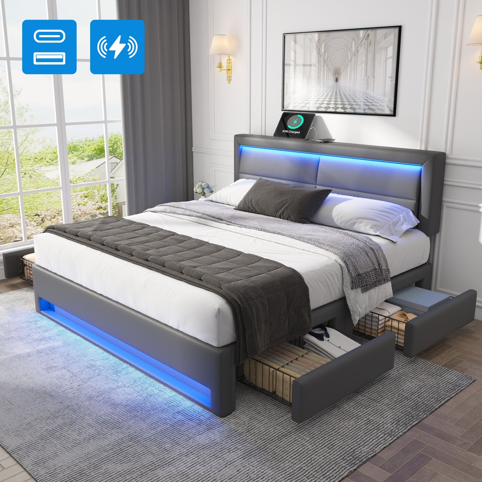 Lit capitonné 140x190cm, USB Charging, LED, Four Drawers, PU Litchi Gray