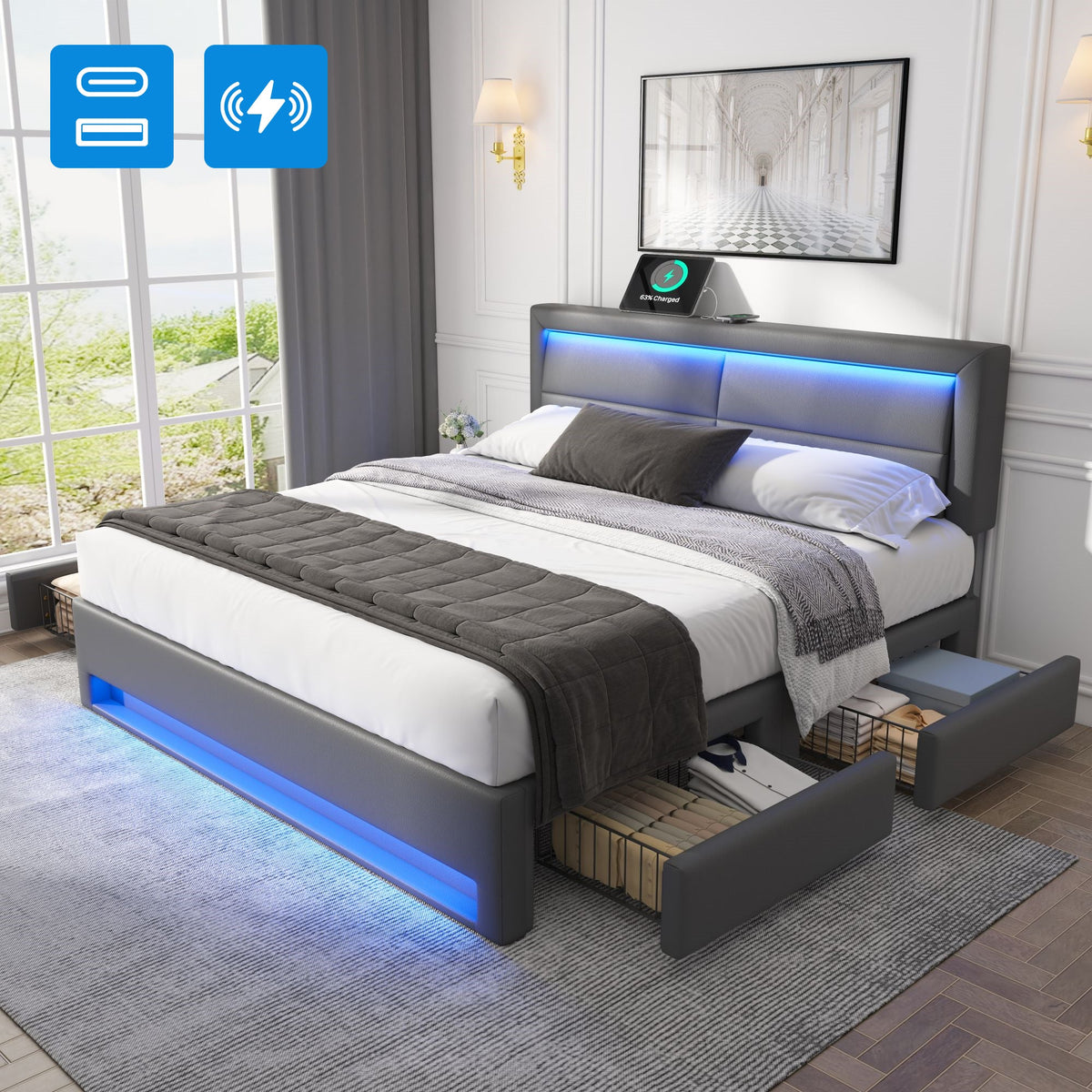 Lit capitonné 140x190cm, USB Charging, LED, Four Drawers, PU Litchi Gray