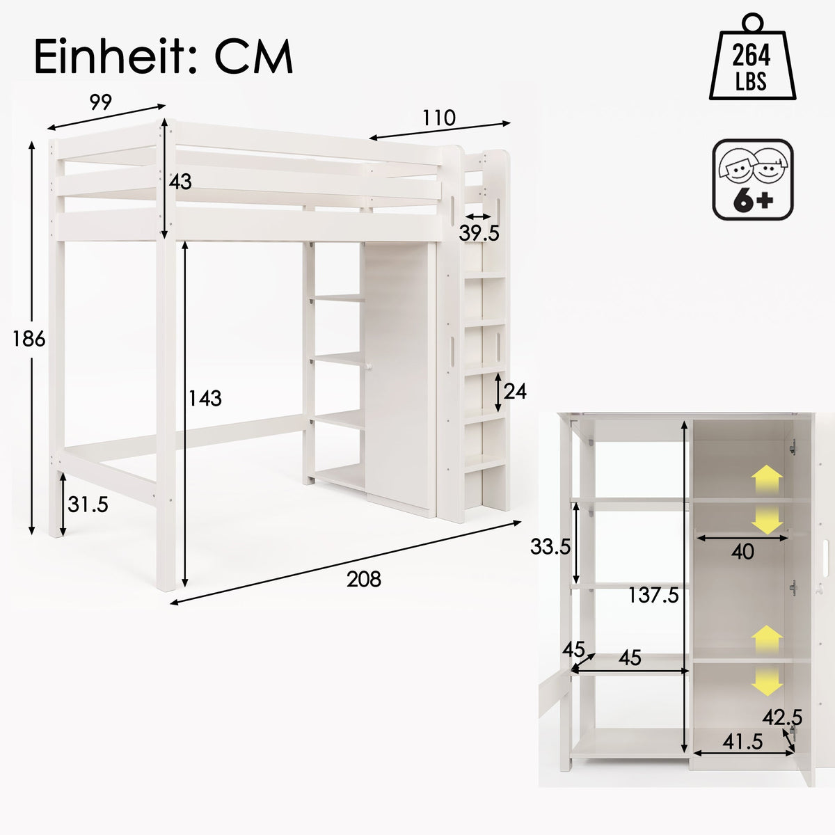 Children's Loft Bed, 90x200 cm Single with Wardrobe & 6 Shelves, White