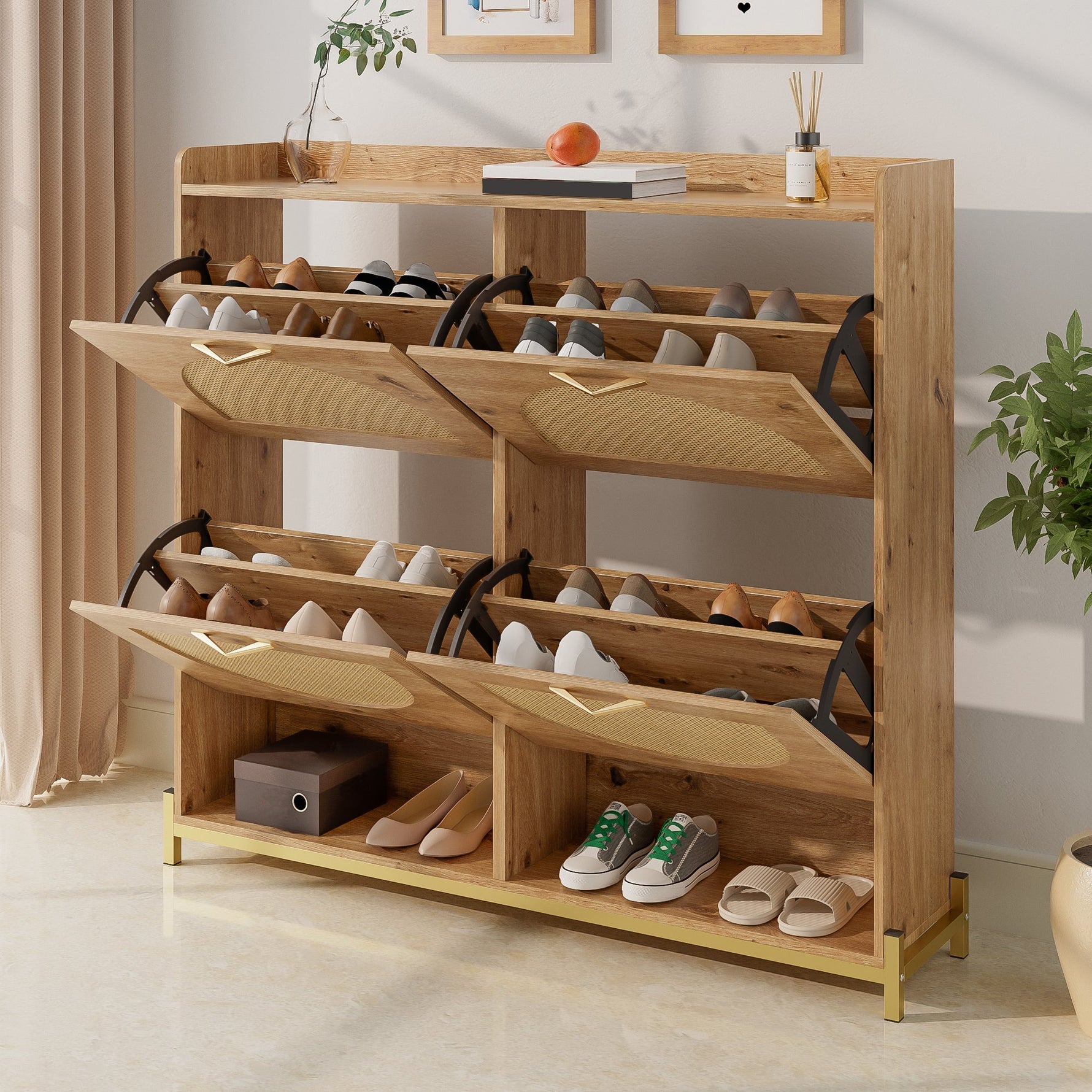 Elegant Shoe Cabinet 4 Doors Metal Frame Top Shelf Wooden Rattan