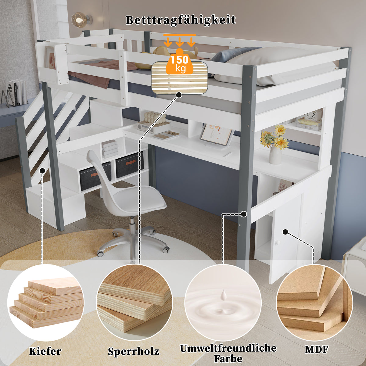 Mid-Height Bed 90x200cm with Desk, Storage & Ladder, White & Grey