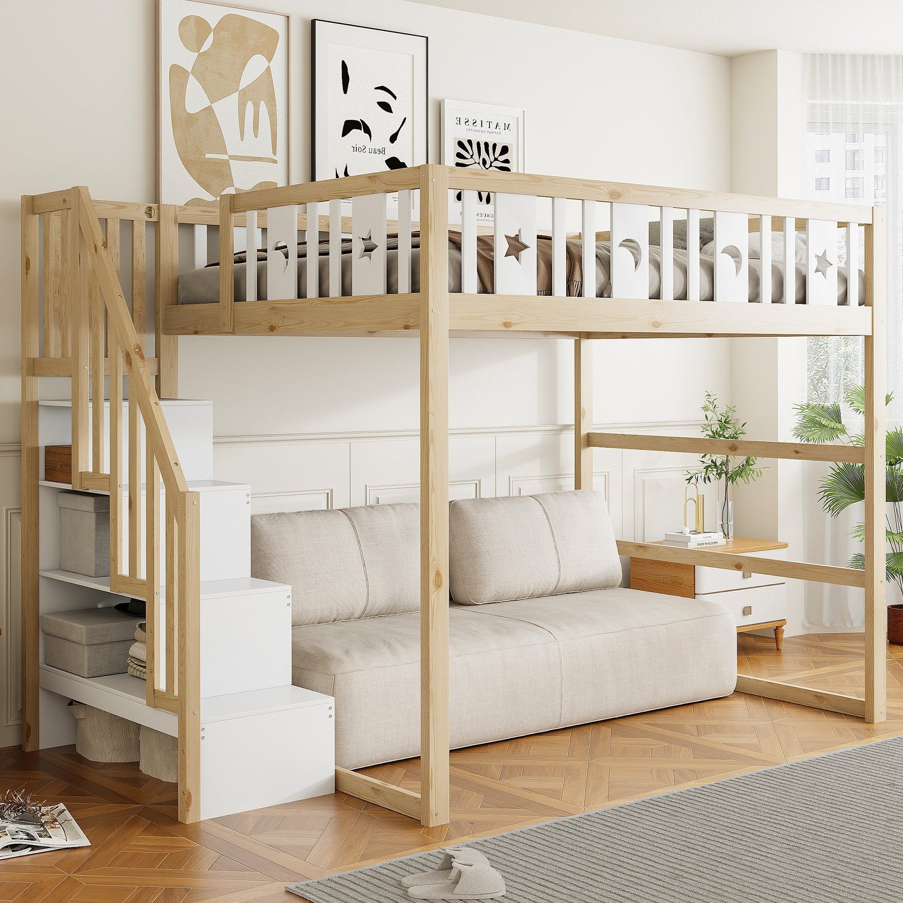 Children's Loft Bed 140x200 with Stairs Safety Railing Star & Moon Decor Solid Wood