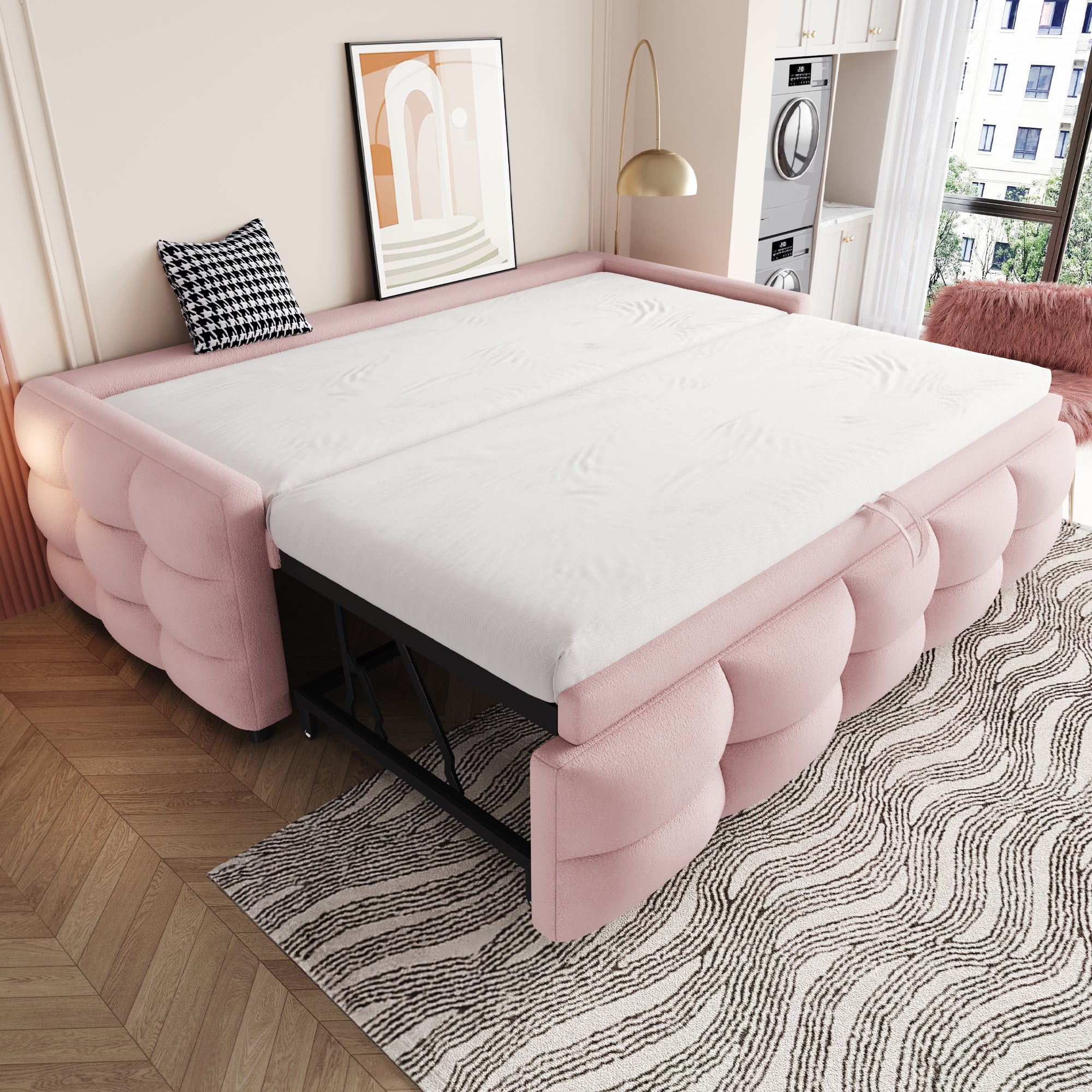 Upholstered Extendable Sofa Bed with Slatted Base, 90/180x190cm, Pink Teddy Velvet