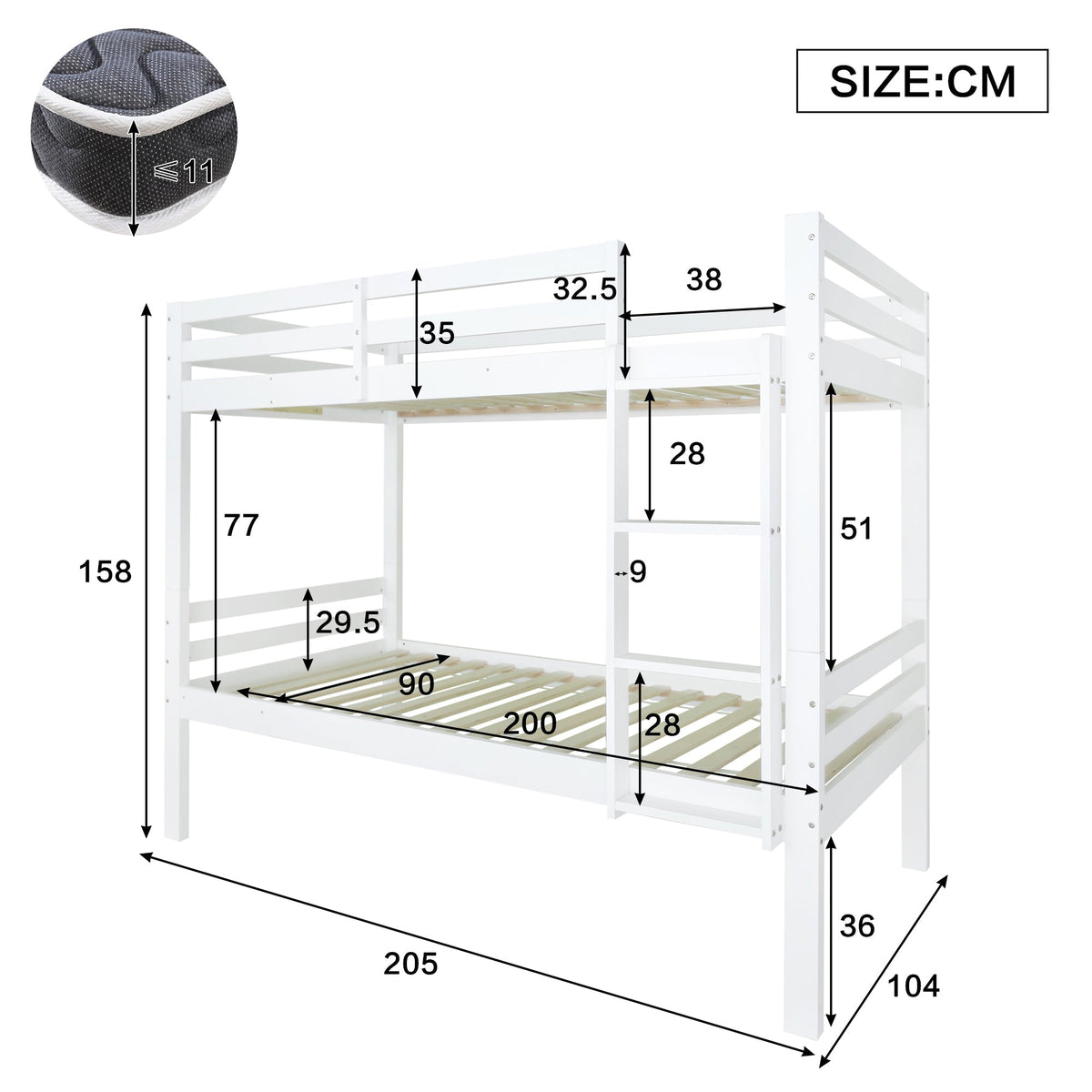 Bunk Bed for Children, Angled Ladder Fall Protection Divisible 2 Single Beds, Pine Frame White 90x200cm